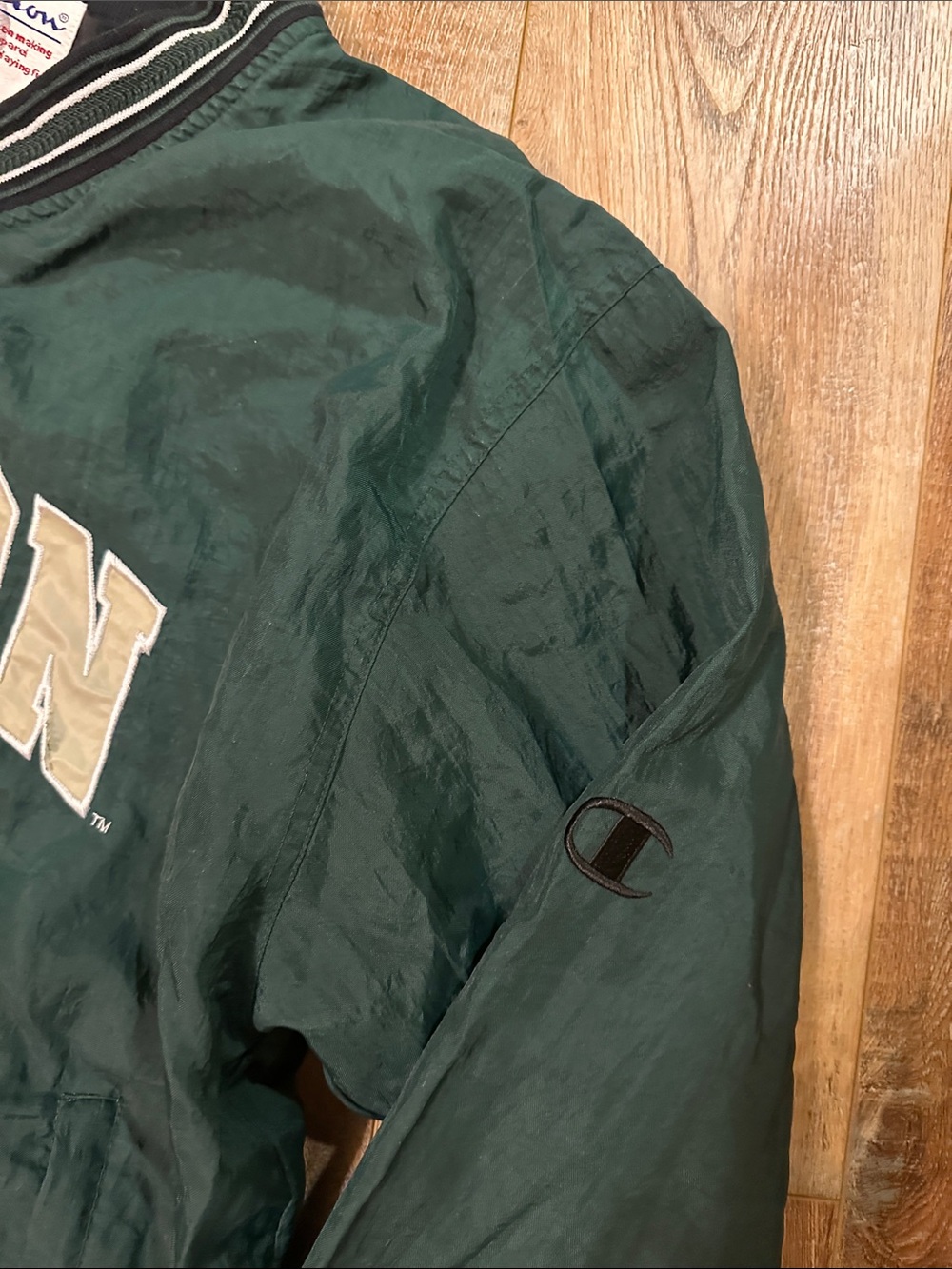 Champion Dark Green V-Neck Pullover Jacket with Striped Trim nylon size L OREGON - Picture 3 of 7